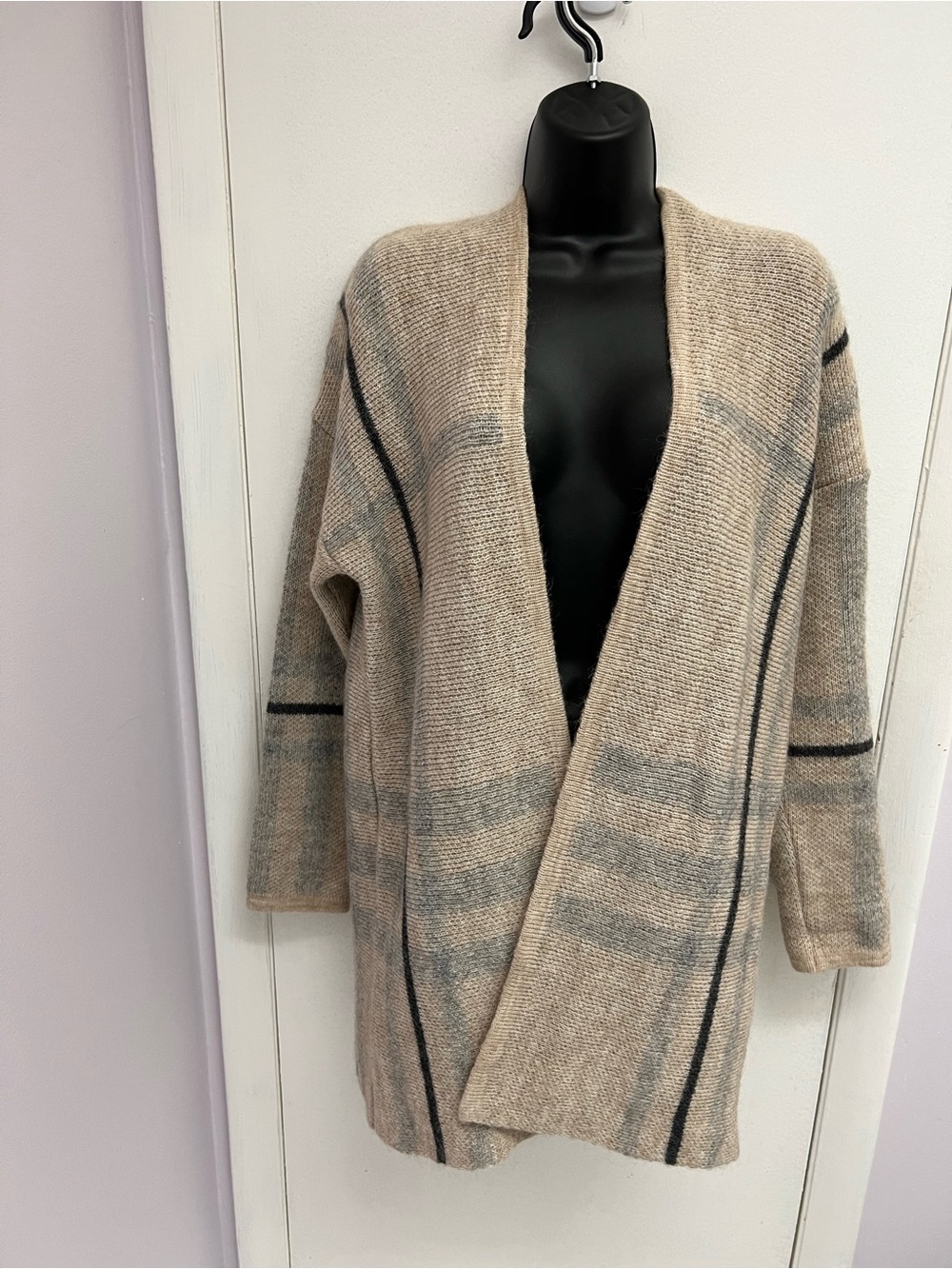 Open-Front Beige Plaid Women's Cardigan Sweater